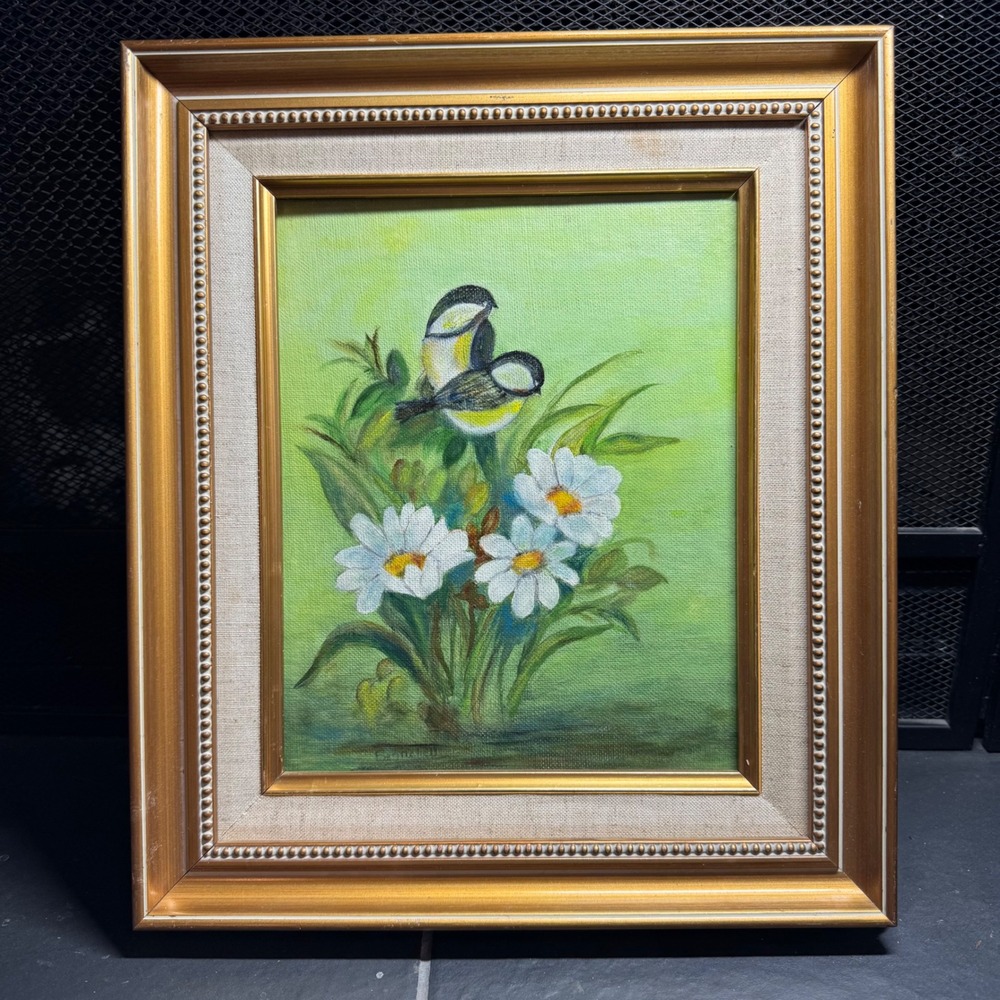 Vintage Bernice Mitchell Original Oil Painting Birds Daisies Gold Framed 8x10